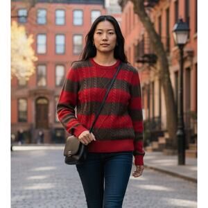 Chaps Sweater Womens Medium Red Gray Striped Cable Knit Classic Career Casual